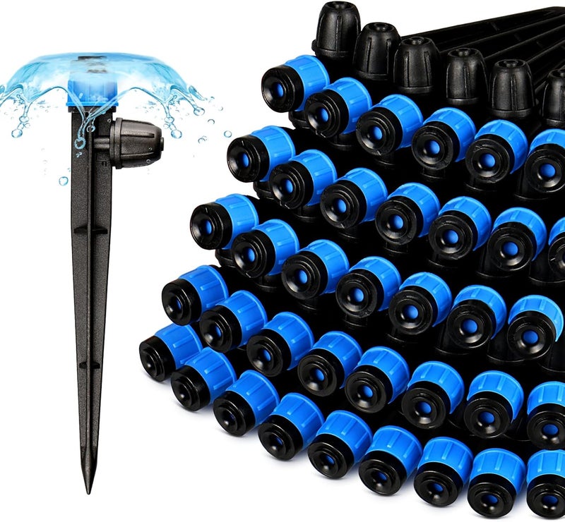 Gardrip 55 Pieces Drip Emitters Fan Shape with Stake for 1/4" Irrigation Tubing: Adjustable 360 Degree Water Flow Irrigation Universal Vortex Sprayer On 5" Stake Drip Pipe Sprinklers Fittings - Image 1